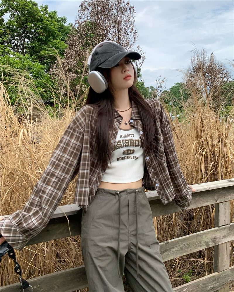 實拍 復古學院風吊帶背心格子長袖襯衫百搭套裝女兩件套