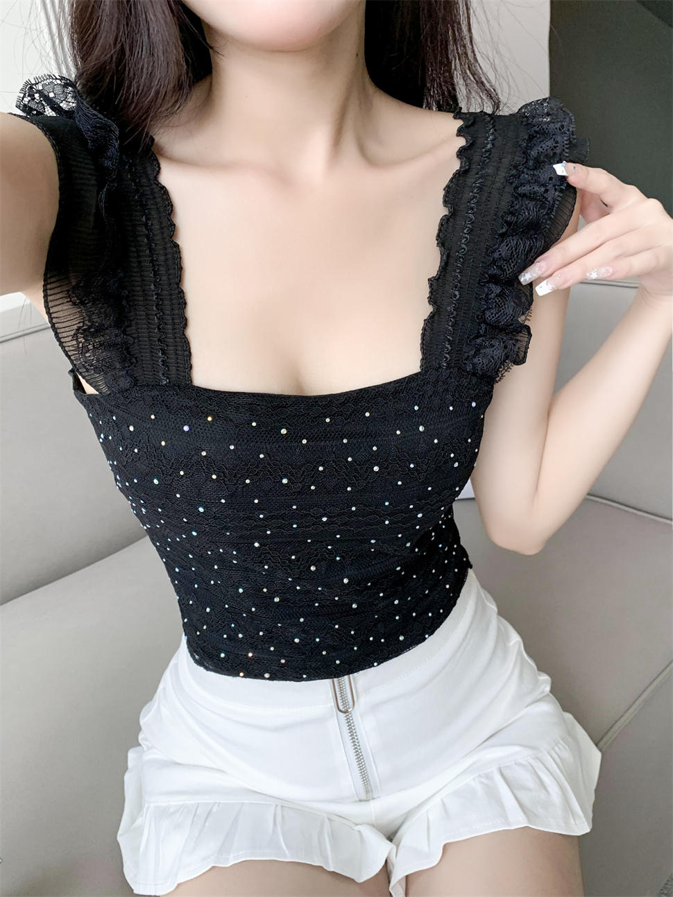 ****~實拍亮鑽蕾絲木耳邊吊帶背心抹胸裹胸短款上衣女夏
