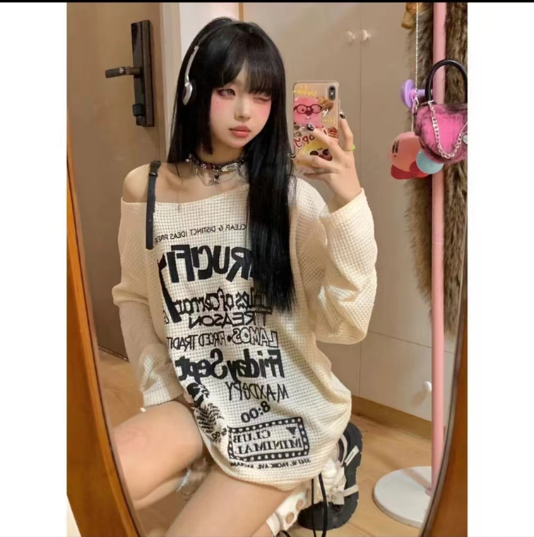 早春新品白色縷空辣妹打底針織衫T恤時尚寬鬆圓領女