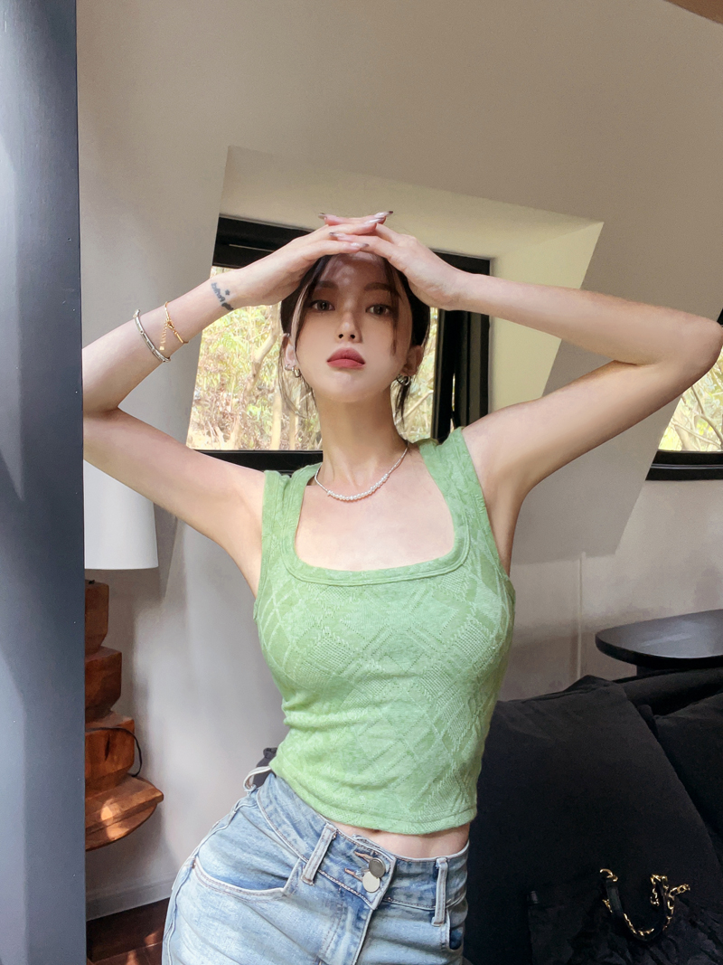 實拍設計感菱形格提花方領背心修身超短辣妹ins博主百搭上衣