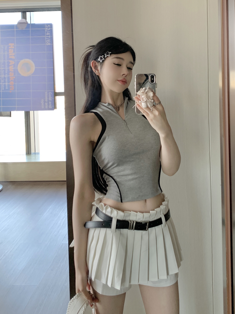 實拍 撞色運動針織背心女緊身性感露臍歐美辣妹上衣