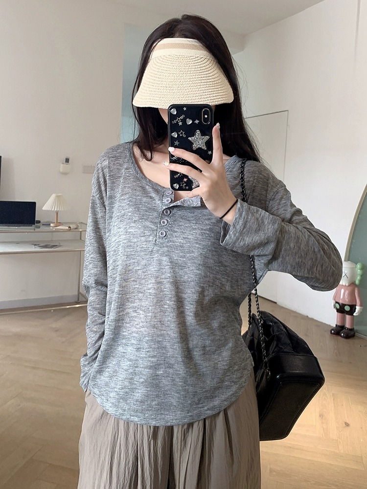 已出貨 新款灰色薄款防曬v領長袖小罩衫寬鬆顯瘦中長款上衣女