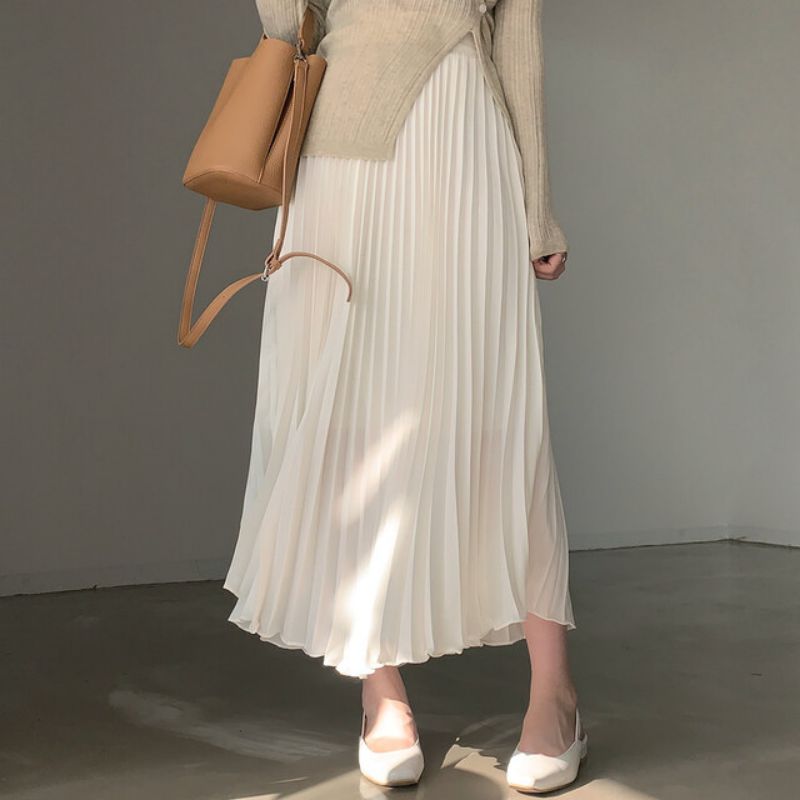 Real shot of plus size Korean chic versatile solid color pleated plus size skirt for women with high waist and slim long A-line skirt