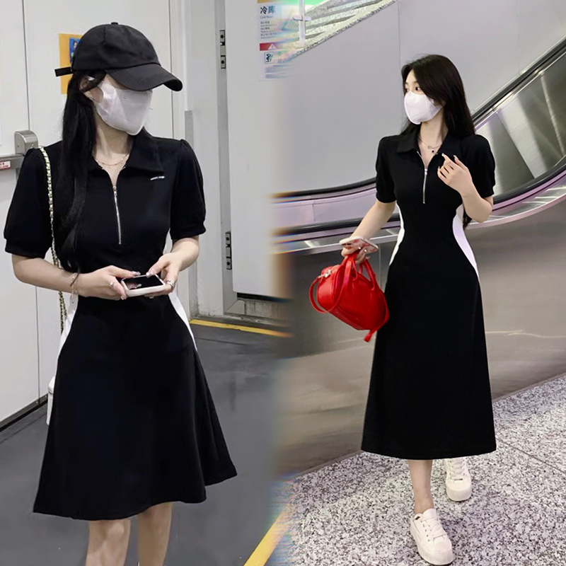 連衣裙女赫本風大碼黑色A字拉鏈polo領新款夏季胖mm梨型身材裙子