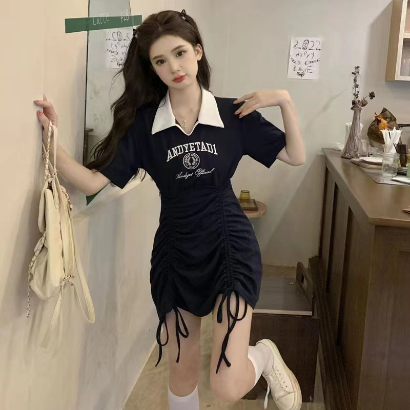 美式學院抽繩POLO領連衣裙褶皺修身女裝新款原版質量設計感