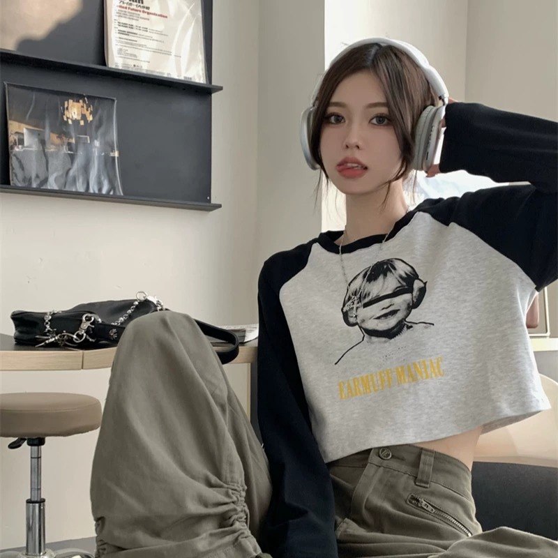 已出貨 美式復古撞色插肩袖正肩長袖T恤女寬鬆顯瘦高腰露臍上衣