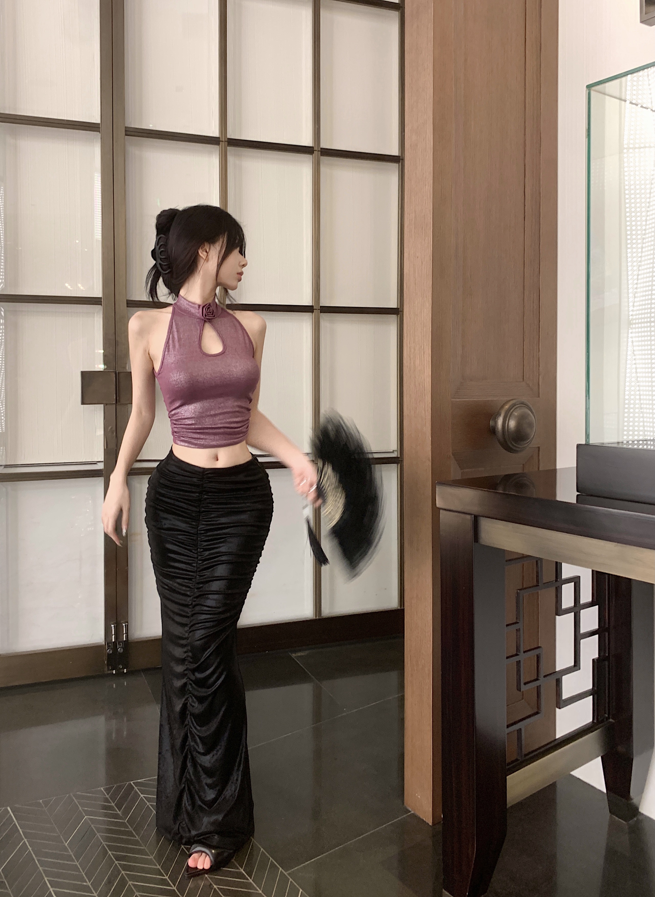 Real shot ~ American hottie hollow suspender top for women summer + high-end hip-hugging high-waisted irregular fishtail skirt
