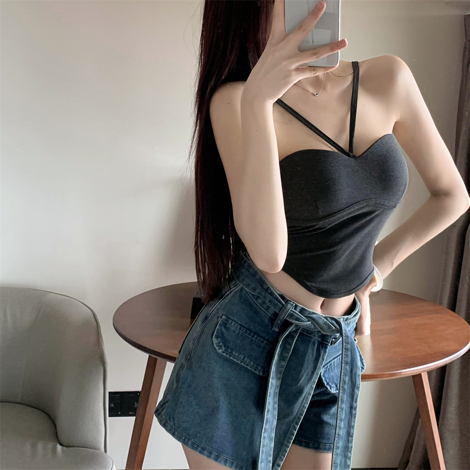 實拍~辣妹性感露鎖骨修身掛脖吊帶背心女夏短款露腰上衣潮