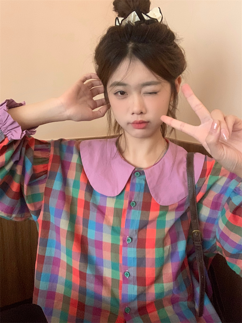 實拍~撞色娃娃領彩虹格子百搭學院風長袖襯衫女