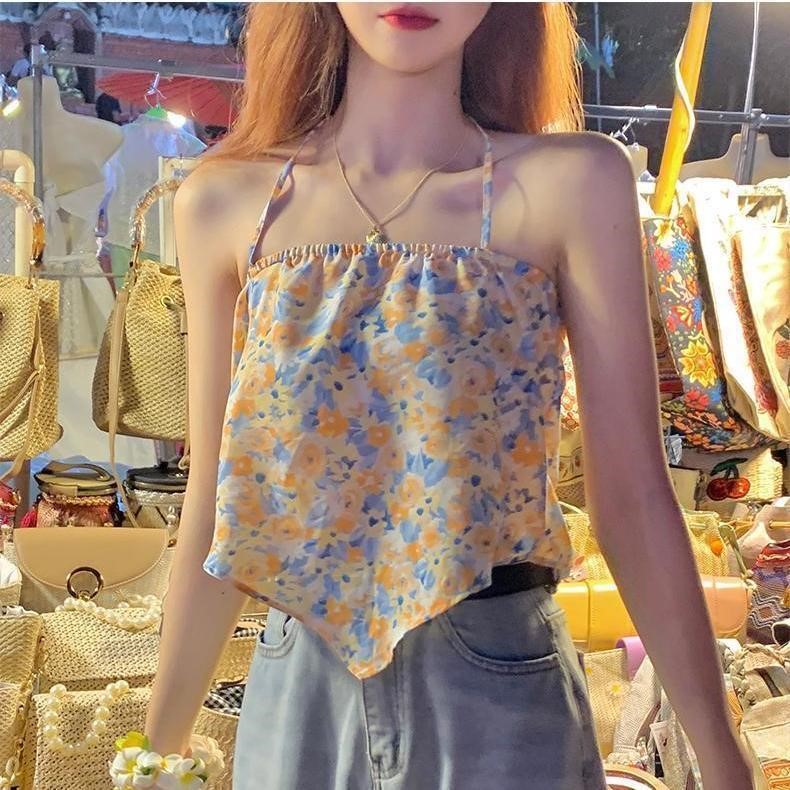 減齡純欲法式掛脖吊帶甜美小眾背心女外穿清純辣妹碎花上衣設計感