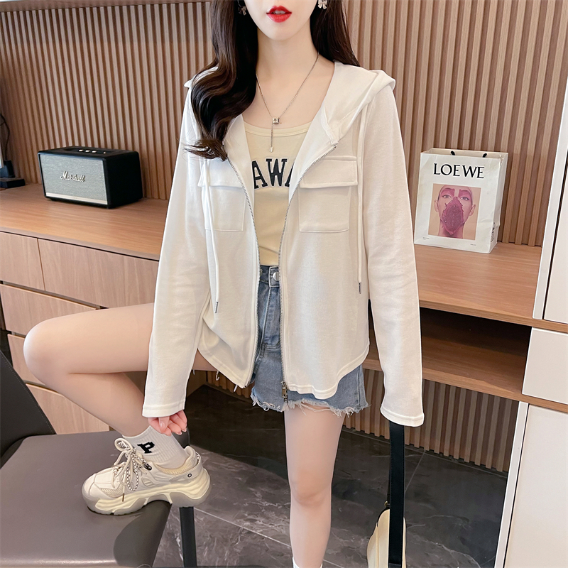Real shot 2024 spring new Korean style twill loose hooded pocket simple thin jacket for women