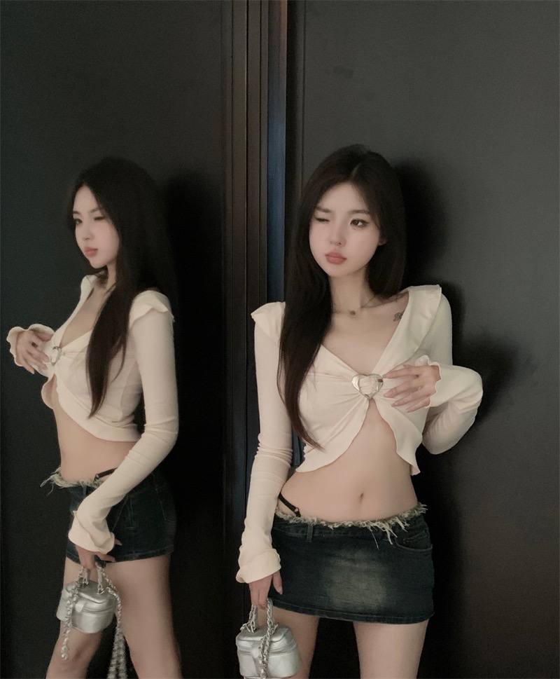 實拍~春季新款美式復古辣妹風荷葉邊顯瘦設計感長袖T恤上衣女