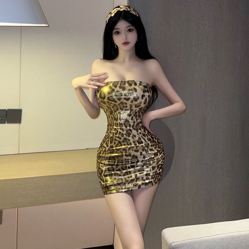實拍~辣妹性感夜店豹紋抹胸短裙緊身修身包臀裹胸時尚連衣裙女
