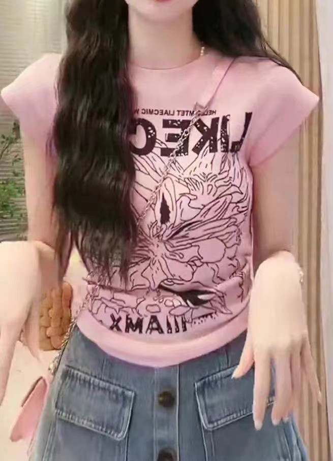 設計感美式復古半高領印花正肩蝙蝠衫上衣女