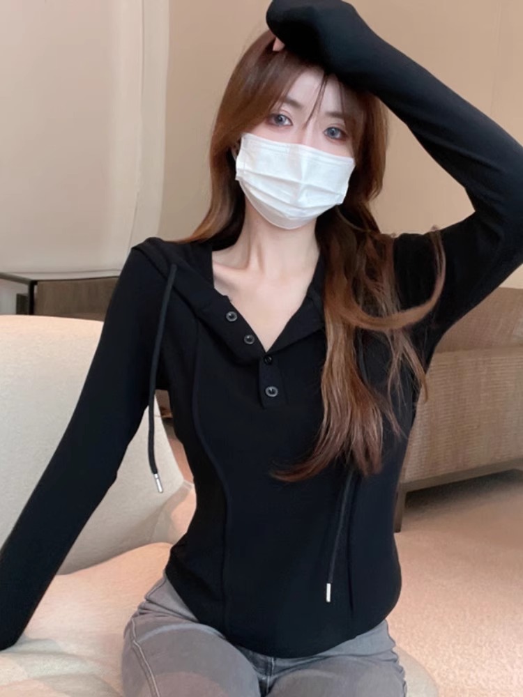 已出貨 不規則連帽長袖T恤上衣女純欲風顯瘦別致收腰打底小衫