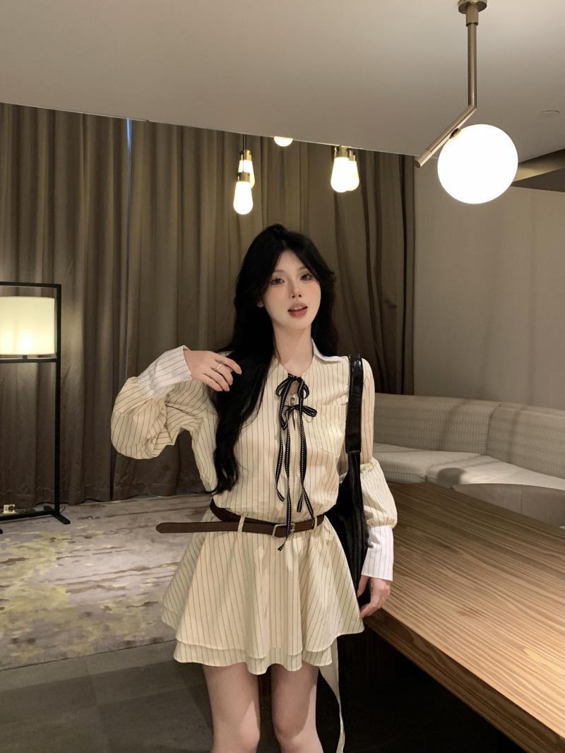 實拍~長袖連衣裙女早秋新款顯瘦絕美溫柔風襯衫裙子