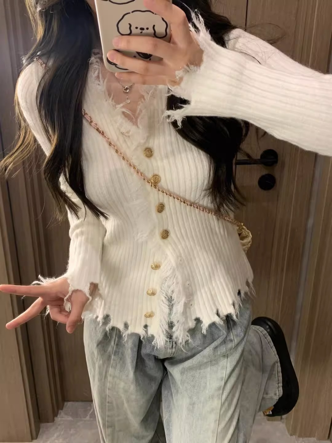 新款V領毛衣修身顯瘦內搭外套針織加厚毛邊設計感開衫女秋季上衣