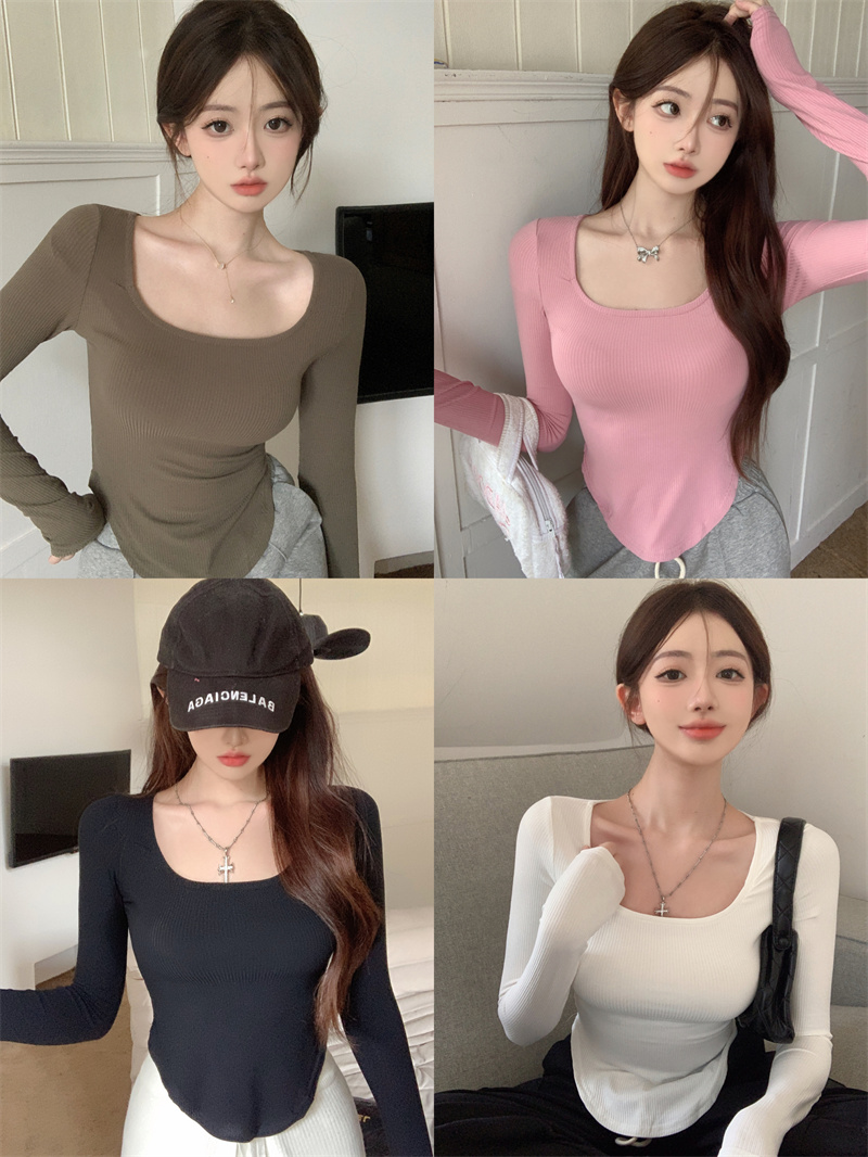 實拍 洋氣方領性感長袖t恤女收腰短款