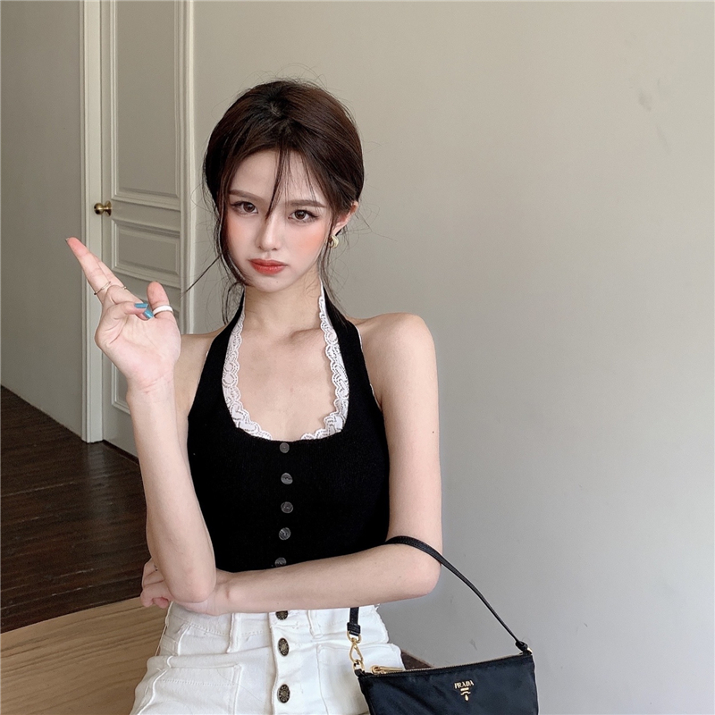 已出貨 辣妹風蕾絲花邊吊帶背心女夏新款設計感心機掛脖顯瘦上衣