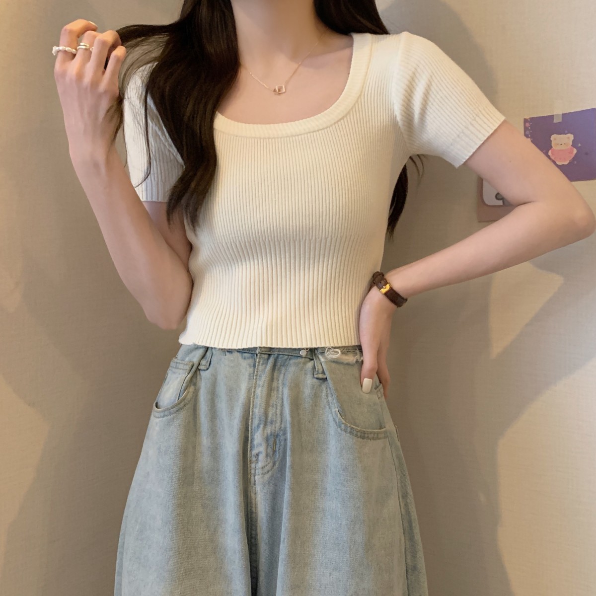 實拍 春季韓版修身方領內搭短款上衣短袖百搭針織衫女