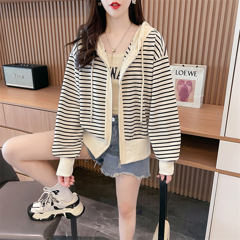 Real shot 2024 spring new Korean style 320g Chinese cotton striped loose hooded simple thin jacket for women