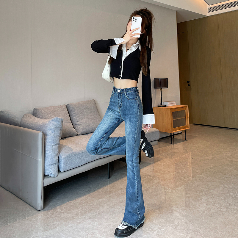實拍2024彈力喇叭褲女新款修身顯瘦高腰彈力拖地牛仔褲子
