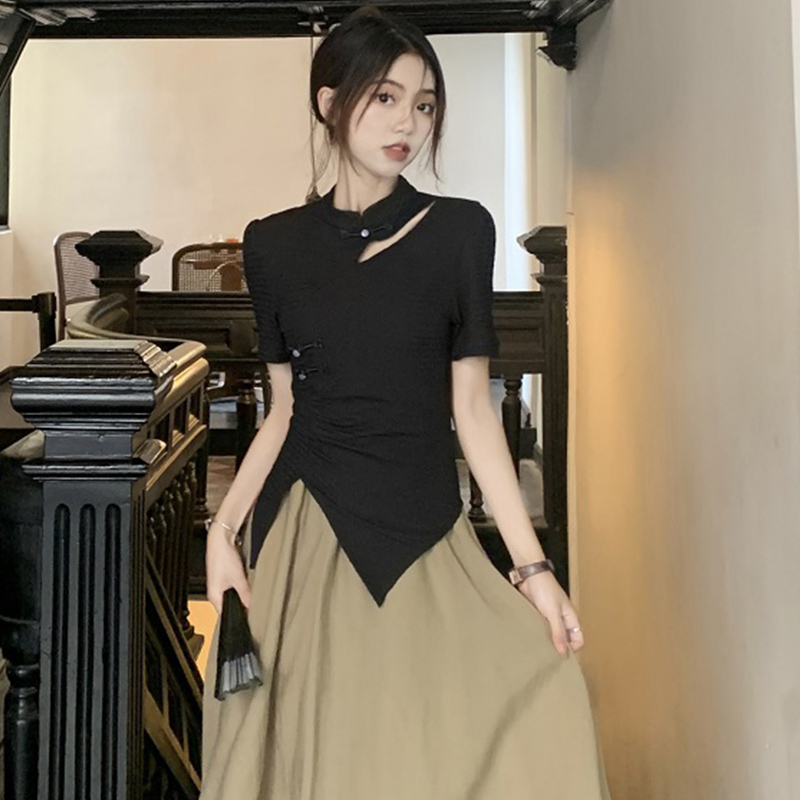 官圖 高級感新中式氣質國風套裝短袖T恤女春夏復古顯瘦上衣