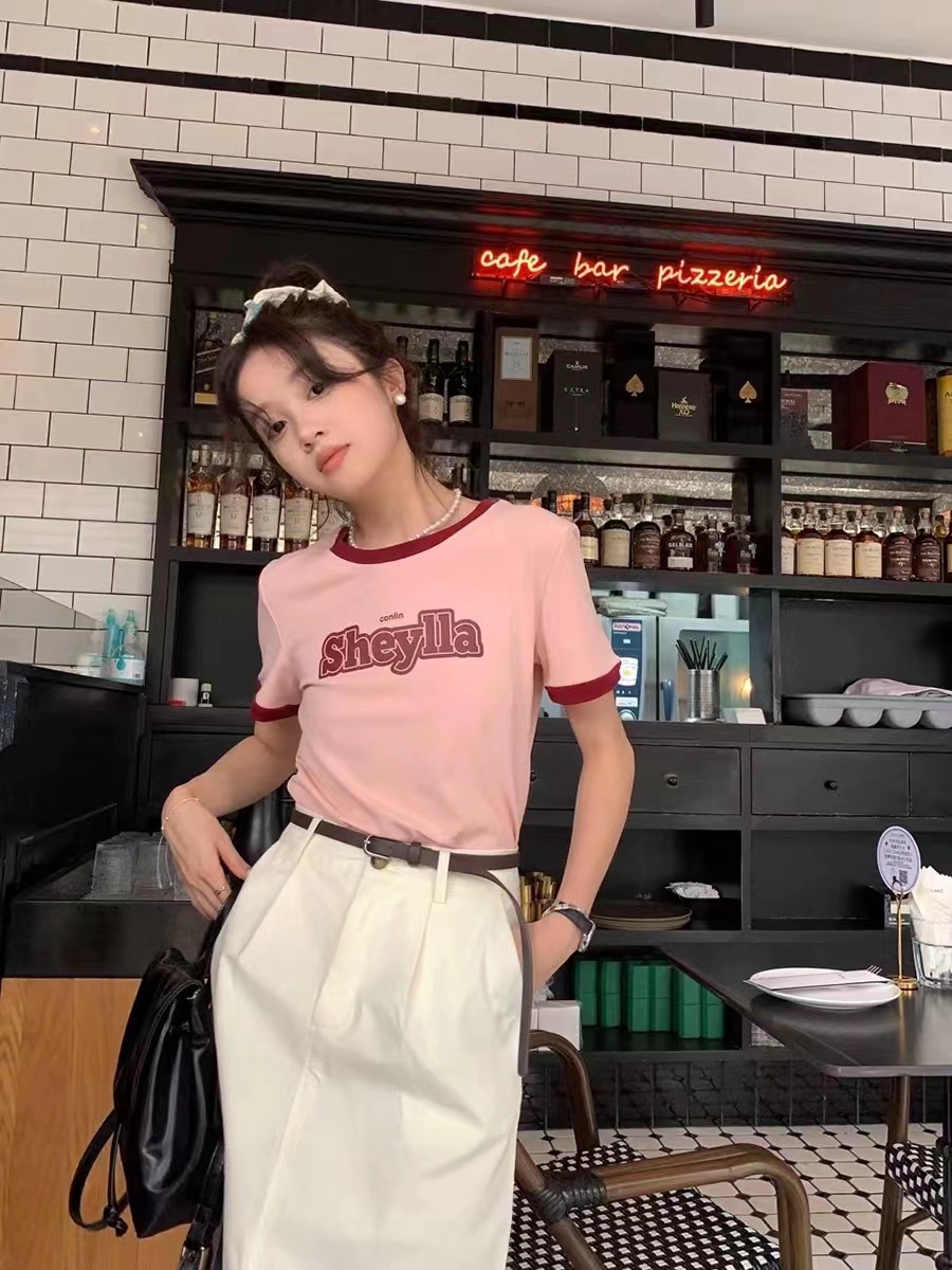 設計感小眾撞色美式復古印花圓領短袖t恤女夏季新款正肩短款上衣