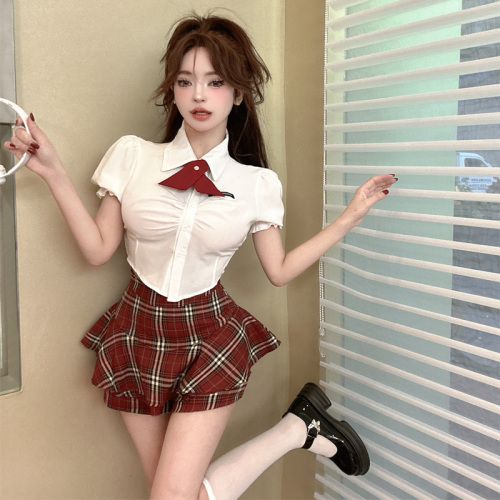 Real shot of college style jk uniform suit for women sweet and spicy waist strap short shirt for women high waist skirt two piece set