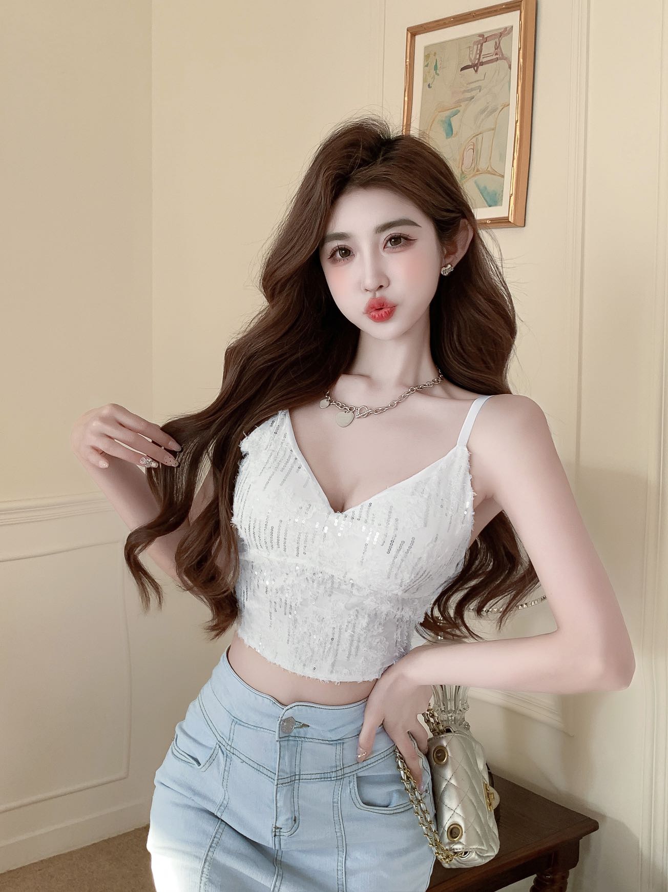 閃閃亮片吊帶背心女西裝內搭時尚洋氣時髦外穿性感無袖帶胸墊上衣