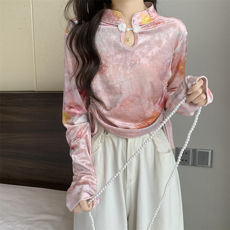 實拍 新款新中式盤扣印花絲絨長袖T恤女抽褶修身短款打底上衣