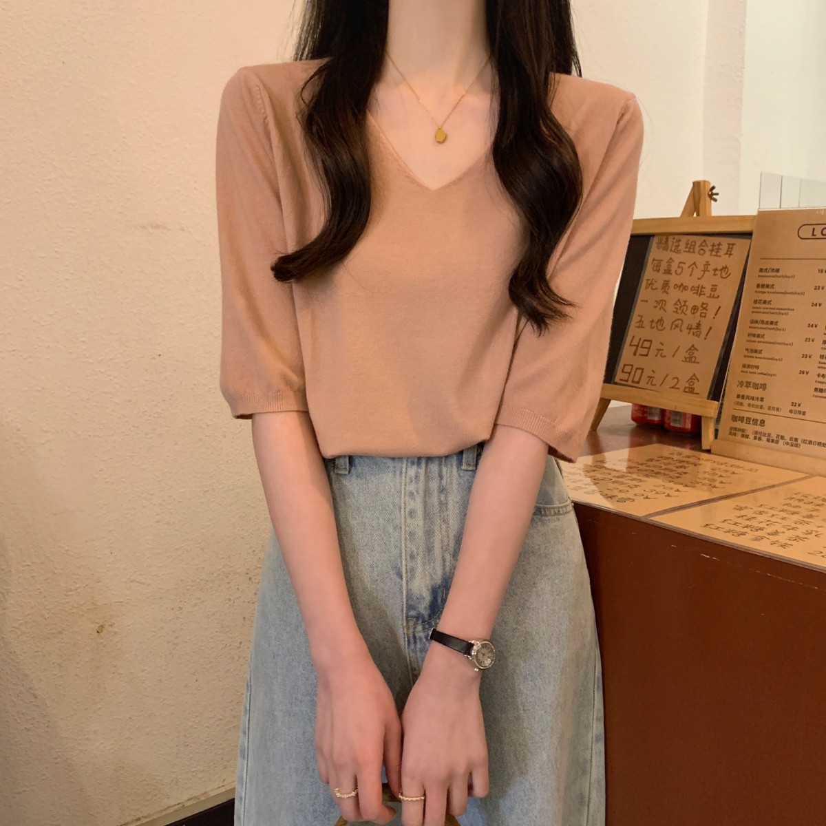 實拍 2024早春韓版v領寬鬆純色五分袖內搭針織衫女上衣