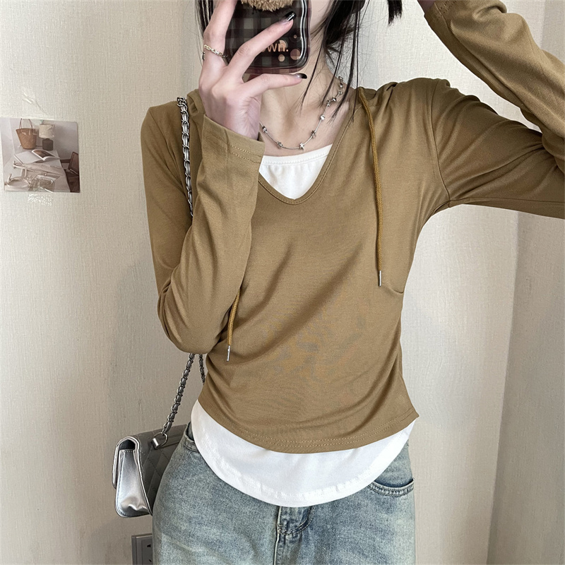 實拍小眾設計感假兩件v領套頭長袖打底小衫正肩上衣瘦