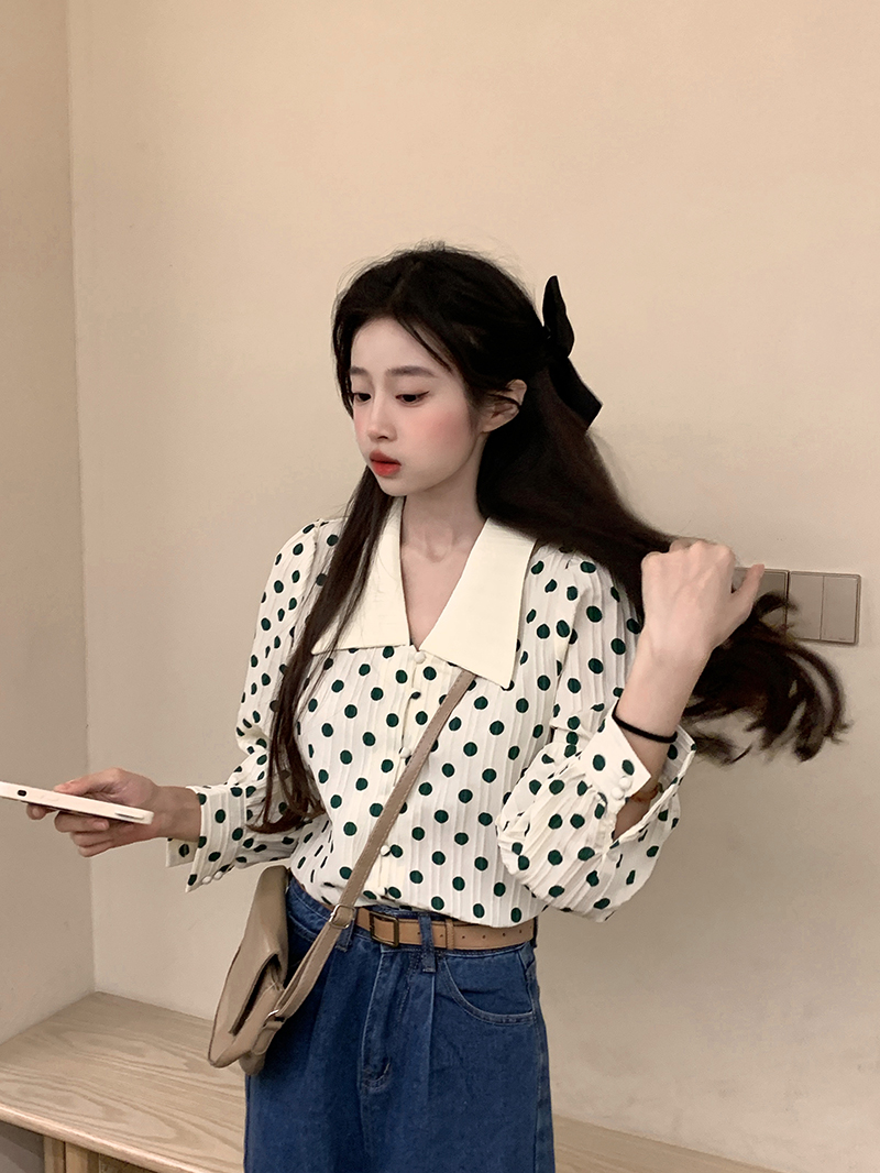實拍~波點泡泡袖襯衫女秋季設計感小眾法式復古襯衣上衣