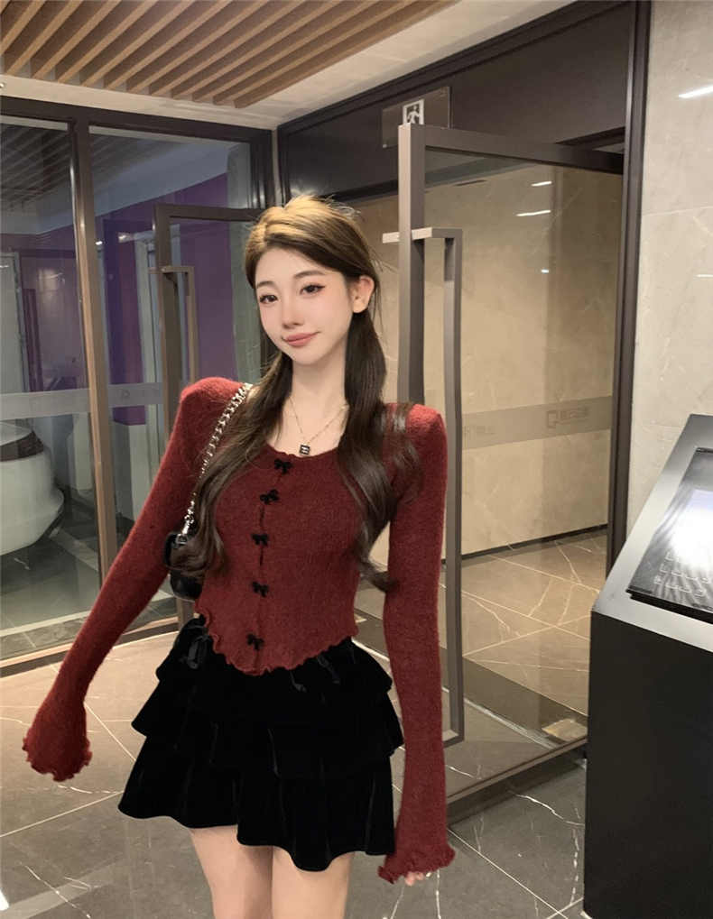 紅色針織衫女秋冬季2024新款毛衣內搭打底衫別致絕美短款上衣