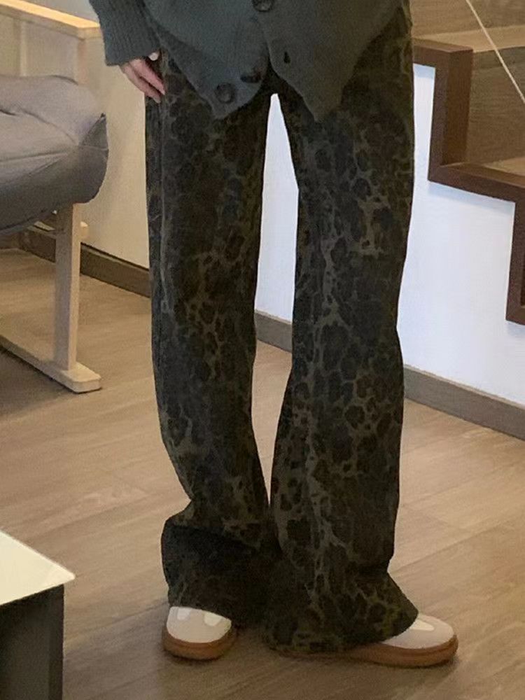 美式高街豹紋牛仔褲女小個子春季寬鬆垂感顯瘦高腰設計感闊腿長褲