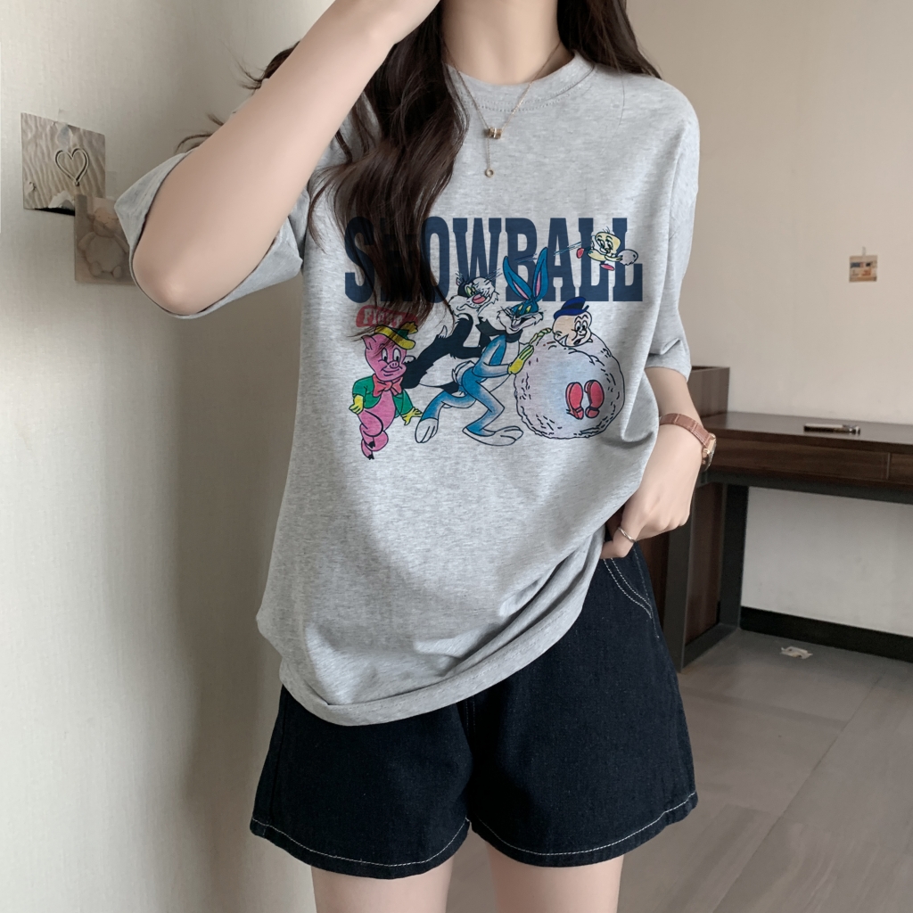 實拍 100%棉精梳純棉 印花夏裝短袖T恤女寬鬆韓版