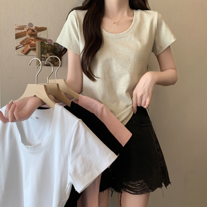 實拍  40支純棉 2024夏裝U領短袖T恤女純色上衣