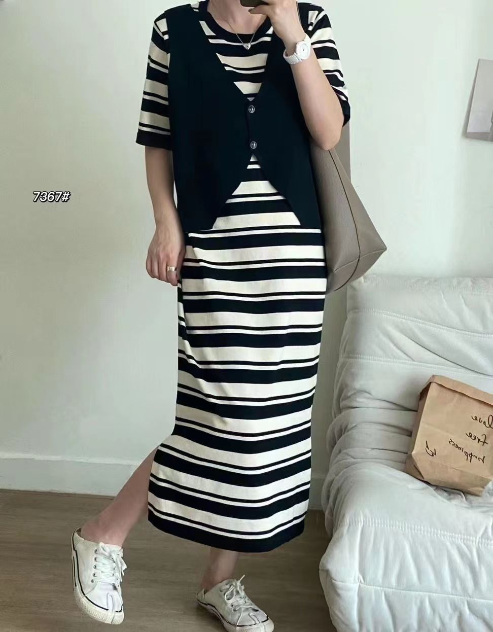 韓版假兩件條紋連衣裙女設計感開叉寬鬆休中長裙