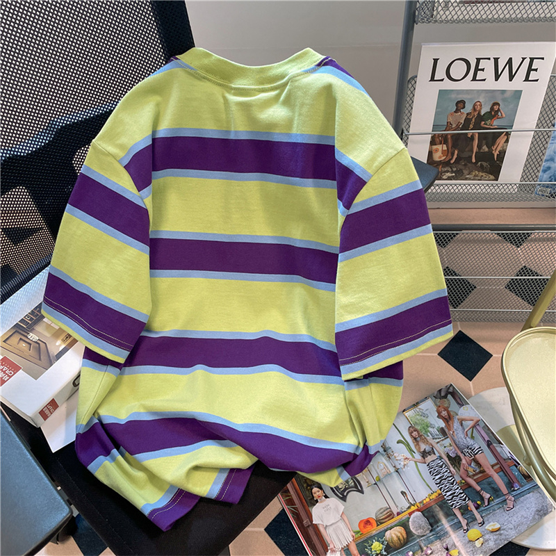 美式復古刺繡小怪獸條紋短袖t恤男女夏季vintage國潮正肩半袖上衣