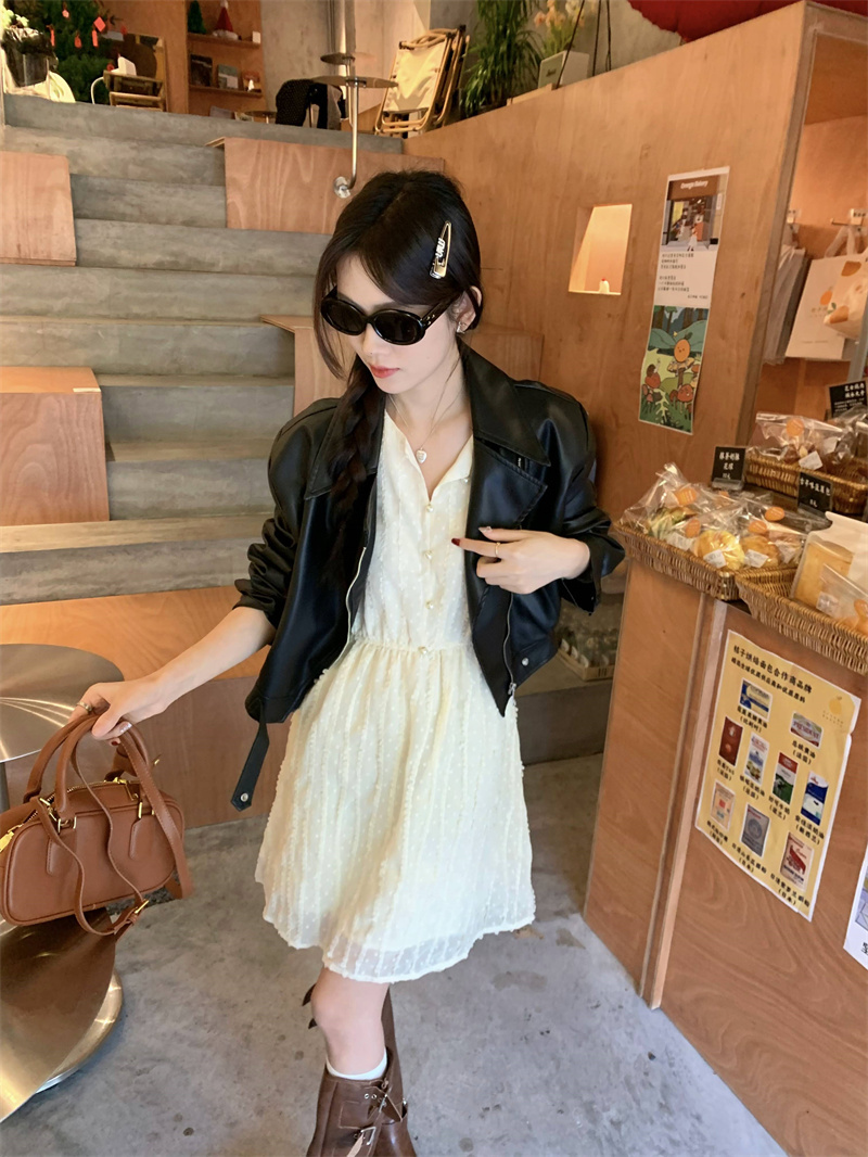實拍 甜美杏色蕾絲氣質連衣裙韓系長袖收腰裙+短款皮外套