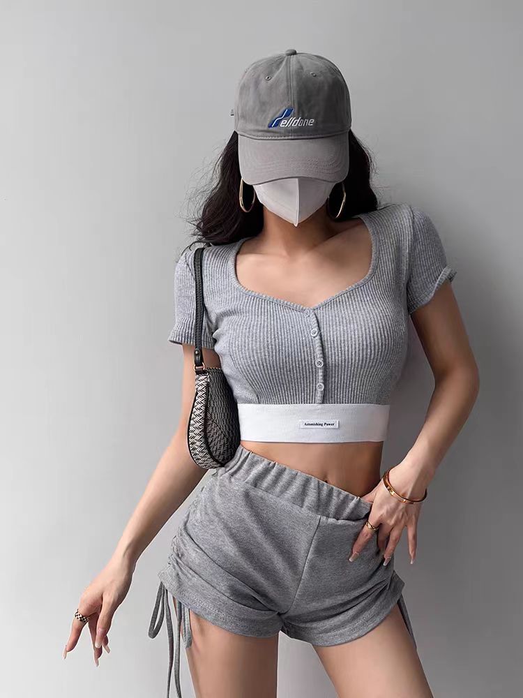 一體式帶胸墊 美式夏季上衣緊身高腰露臍短袖性感甜辣妹T恤女顯瘦