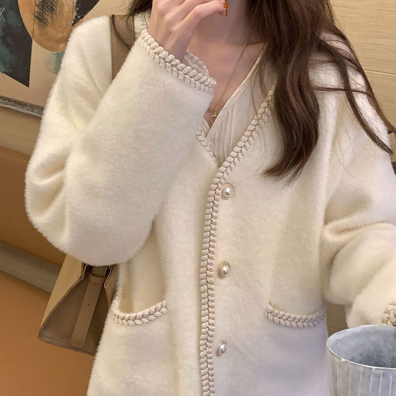 小香風名媛也愛的軟糯水貂絨毛衣女秋冬寬鬆外穿加厚針織開衫外套