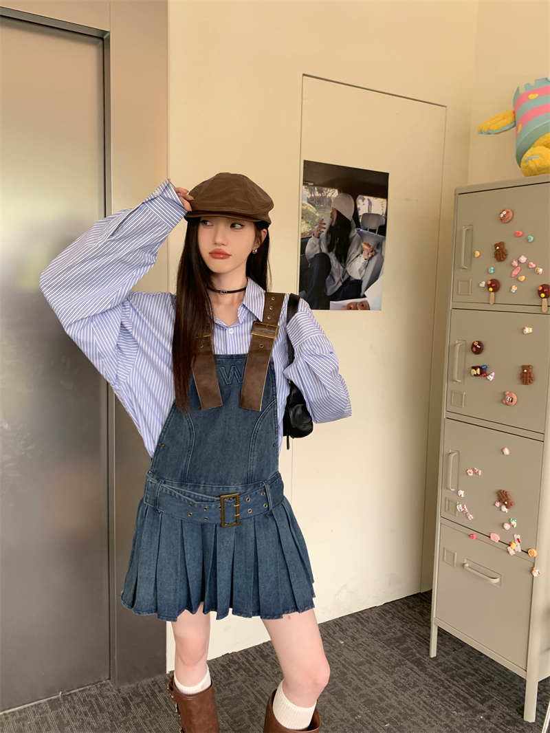 實拍 復古牛仔短款吊帶連衣裙2024春季女外搭休閒個性背帶裙
