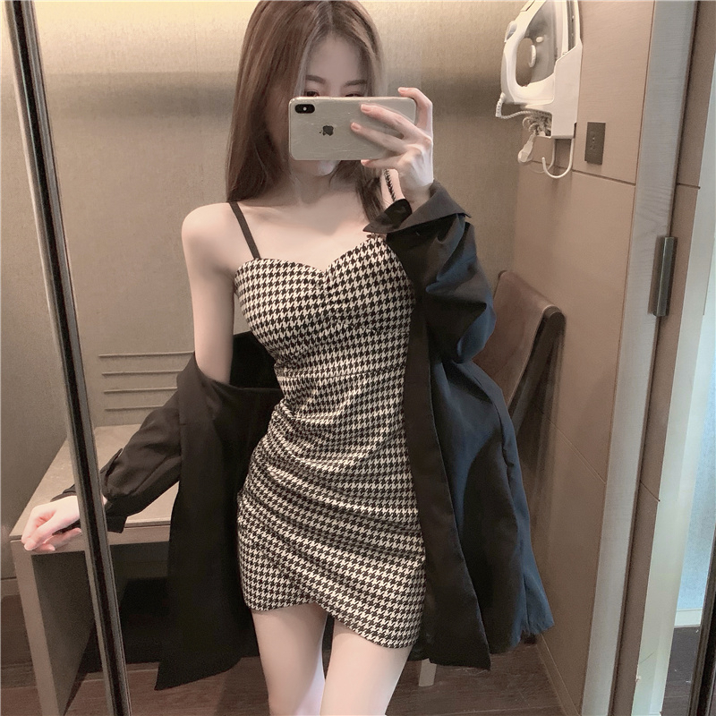 復古小個子純欲風性感辣妹西裝內搭吊帶包臀連衣裙子女設計感小眾