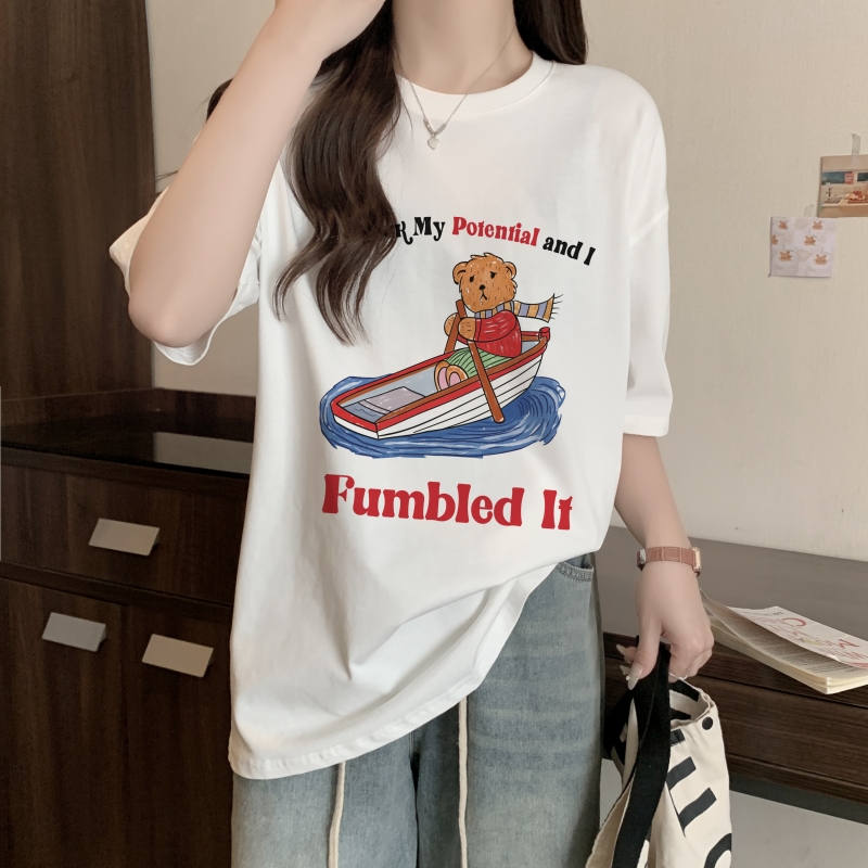 實拍 100%棉精梳純棉 印花夏裝短袖T恤女寬鬆韓版
