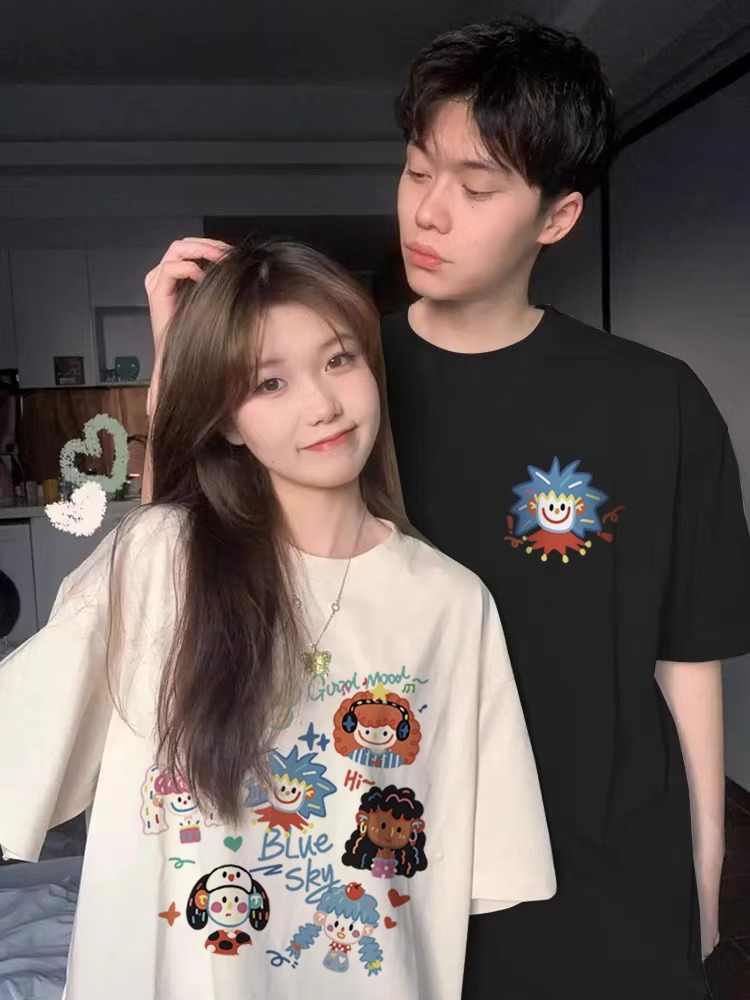 High-end short-sleeved and different same-color couple wear 2024 new Internet celebrity niche summer suit T-shirt for women
