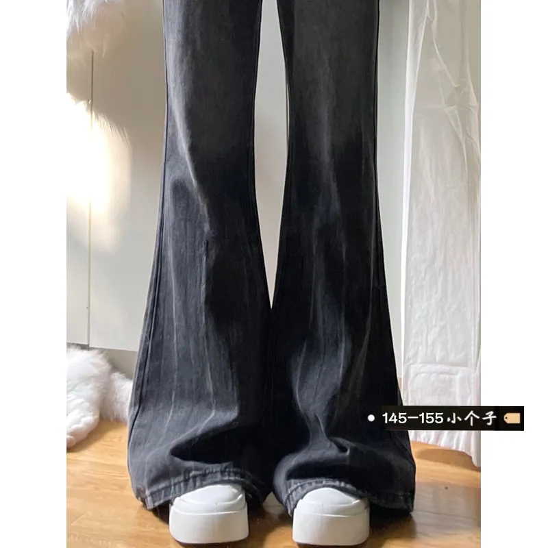 黑灰色高腰微喇叭牛仔褲女小個子春季復古直筒顯瘦修身闊腿長褲潮