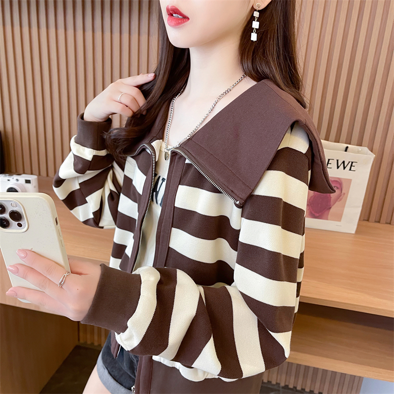 Real shot 2024 spring new Korean style 320g loose navy collar striped large size thin jacket for women