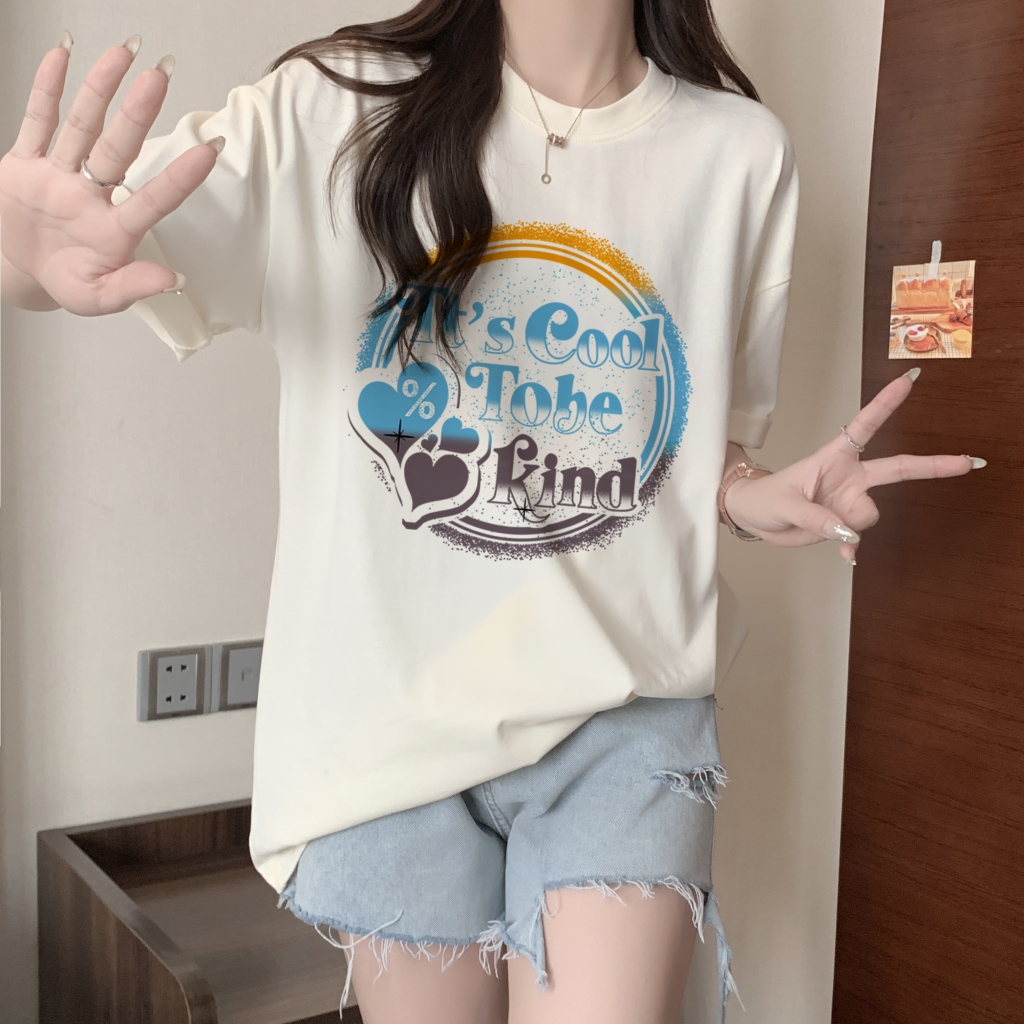 實拍 100%棉精梳純棉 印花夏裝短袖T恤女寬鬆韓版
